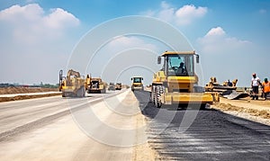 Workers using heavy machinery to lay new asphalt road at construction site Creating using generative AI tools