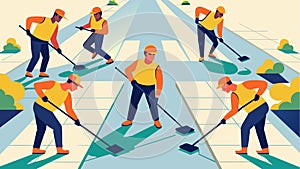 The workers using longhandled stamps to reach the center of the sidewalk creating seamless and continuous patterns