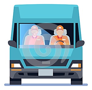 Workers in van front view. Cargo shipping service icon