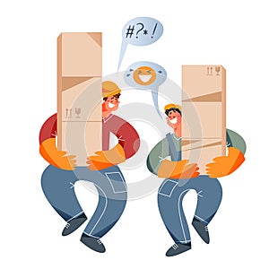 Workers of warehouse holding parcels, two man in loader uniform carrying stack of boxes