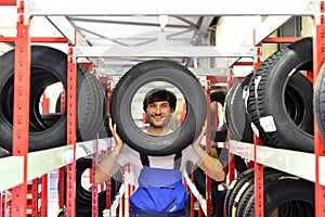 Workers in a warehouse with tyres for changing the car