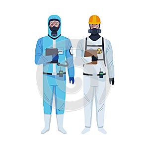 Workers wearing biosafety suits characters photo