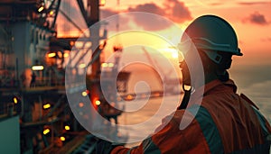 Workers wearing helmets and equipment against the background of an oil rig. by AI generated image