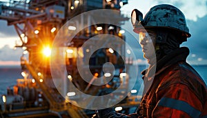 Workers wearing helmets and equipment against the background of an oil rig. by AI generated image