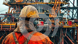 Workers wearing helmets and equipment against the background of an oil rig. by AI generated image