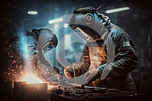 Workers wearing industrial uniforms. Welder erecting technical steel. Industrial Welder With Torch, Generative AI