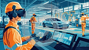 Workers wearing virtual reality headsets and operating simulation software testing and optimizing autonomous vehicle