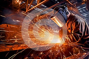 Workers are welding metal at an industrial factory.