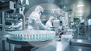 Workers in white protective clothes inspecting pharmaceutical and healthcare products in a manufacturing facility. Generative AI