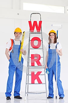 Workers with WORK letters