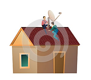 Workers work on roof. Two workers install a satellite dish on the roof. Antenna for television and internet. Small house