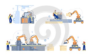 Workers work on in smart factory or warehouse flat vector illustration isolated.