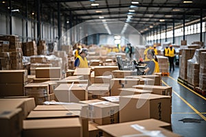 Workers working at post delivery service warehouse with cardboard boxes and packages packets. Logistic Generative AI