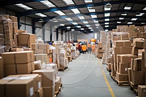 Workers working at post delivery service warehouse with cardboard boxes and packages packets. Logistic Generative AI