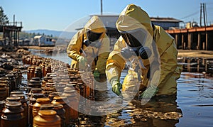 Workers in Yellow Suits and Gas Masks