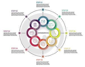 Workflow chart. Process diagram with steps, flow chart circle scheme with options and icons vector abstract business