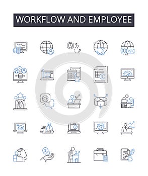 Workflow and employee line icons collection. Desk, Office, Cubicle, Chair, Computer, Keyboard, Mouse vector and linear