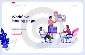 Workflow landing page. Office people team interacting with business dashboard and communicating. Vector work