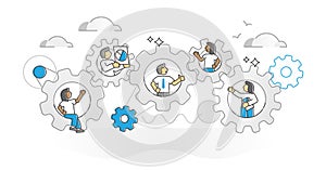 Workflow management as united employee mechanism monocolor outline concept