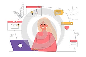 Workflow management business concept illustration. Content Manager woman sitting at the computer, around the icons of