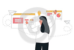 Workflow management business concept vector illustration. Woman shows with hands on presentation, business process in