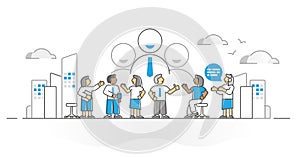 Workforce labor as employee worker team in office monocolor outline concept photo