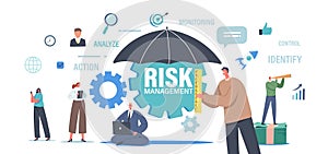 Workgroup Admit, Identify, Measure and Implement Risk Management Business. Strategy. Tiny Businessman with Umbrella