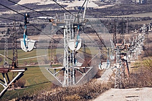 Working Aerial Ropeway Carrying White Stone to the Plant