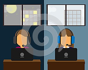 Working as a call center in day shift and night shift vector photo