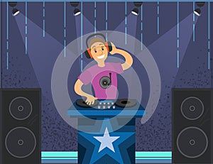 Working as dj in club concept. Young smiling man cartoon character standing and making musical mix