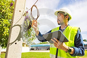 Working as a telecommunications engineer. Optic fiber joining design ISP optical cables for clear communication photo