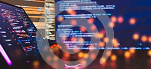 Working atmosphere of a programmer at home, IT business. Monitor closeup of function source code. Project managers