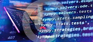 Working atmosphere of a programmer at home, IT business. Monitor closeup of function source code. Project managers