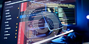 Working atmosphere of a programmer at home . ?oding html and programming on screen laptop, development web