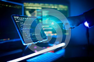 Working atmosphere of a programmer at home . ?oding html and programming on screen laptop, development web