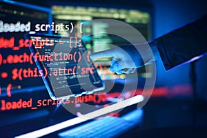 Working atmosphere of a programmer at home . ?oding html and programming on screen laptop, development web