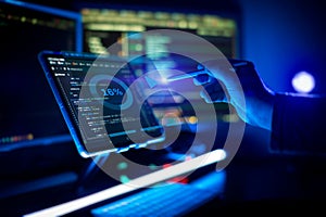 Working atmosphere of a programmer at home . ?oding html and programming on screen laptop, development web