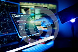 Working atmosphere of a programmer at home . ?oding html and programming on screen laptop, development web