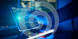 Working atmosphere of a programmer at home . ?oding html and programming on screen laptop, development web