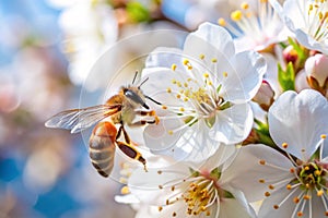 Working Bee on Cherry Flower Close-up Image With Copy Space