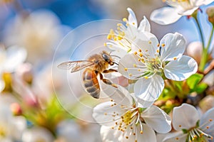 Working Bee on Cherry Flower Close-up Image With Copy Space