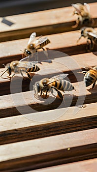 Working bees diligently attend to honeycomb frames within bee hive