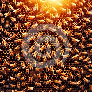 working bees on honey cells top view