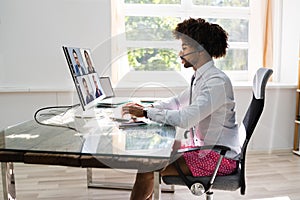 Working In Boxers At Desk. Work Video Call