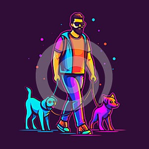 Guy dog walker walking dogs. Working or business, friendship. Cartoon vector illustration