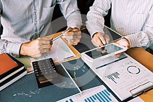 Working business man, team of broker or traders talking about forex on multiple computer screens of stock market invest trading