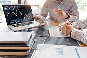 Working business man, team of broker or traders talking about forex on multiple computer screens of stock market invest trading