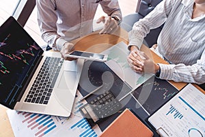 Working business man, team of broker or traders talking about forex on multiple computer screens of stock market invest trading