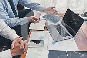 Working business man, team of broker or traders talking about forex on multiple computer screens of stock market invest trading