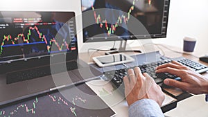 Working business man, team of broker or traders talking about forex on multiple computer screens of stock market invest trading